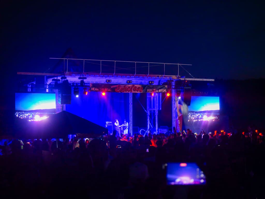 The Echofest main stage lit up at night, with the crowd watching