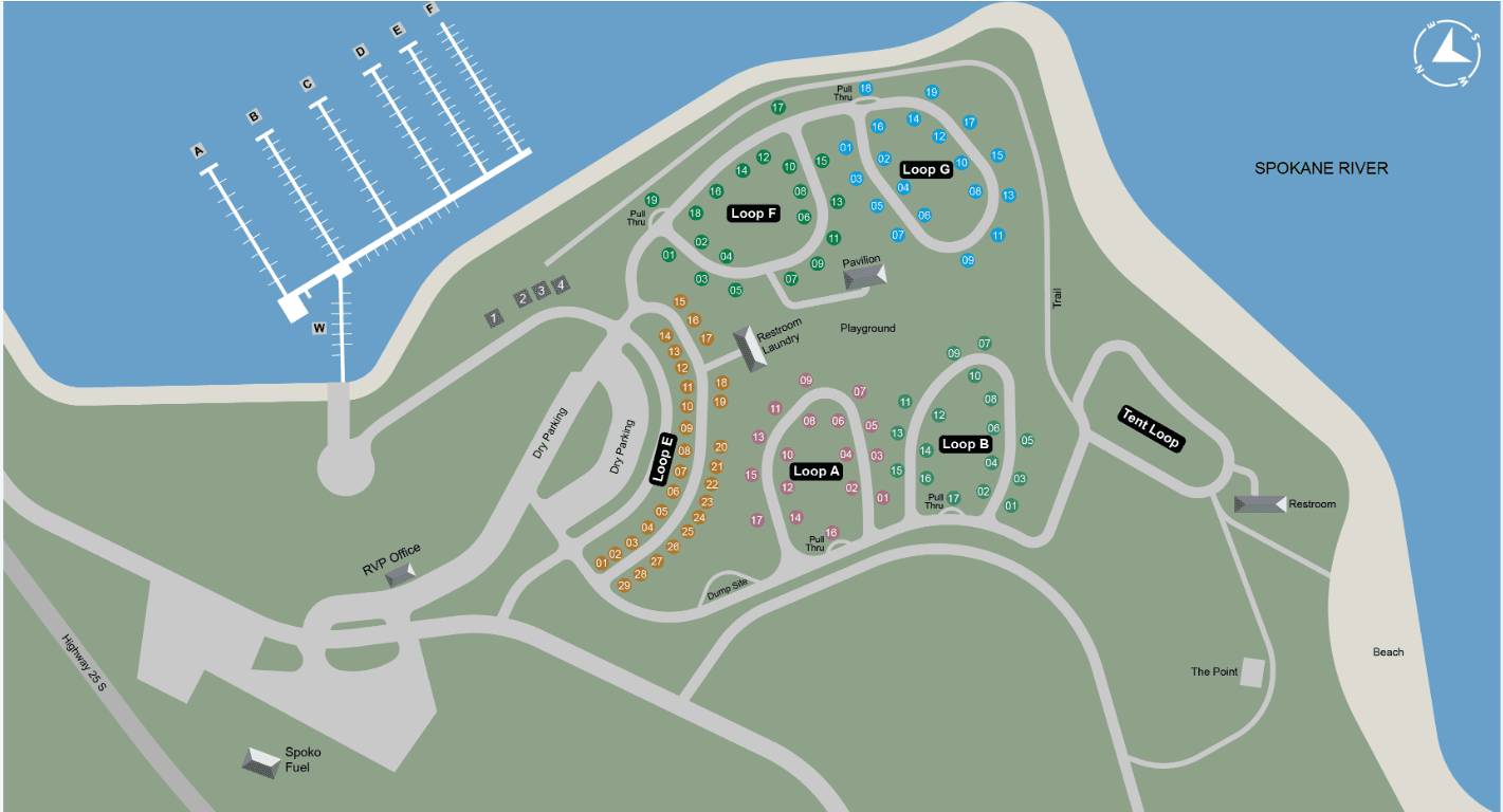 Two Rivers park map showing RV loops A, B, E, F and G, the tent loop, marina docks, restrooms, playground, pavilion, dump station, and the RVP office